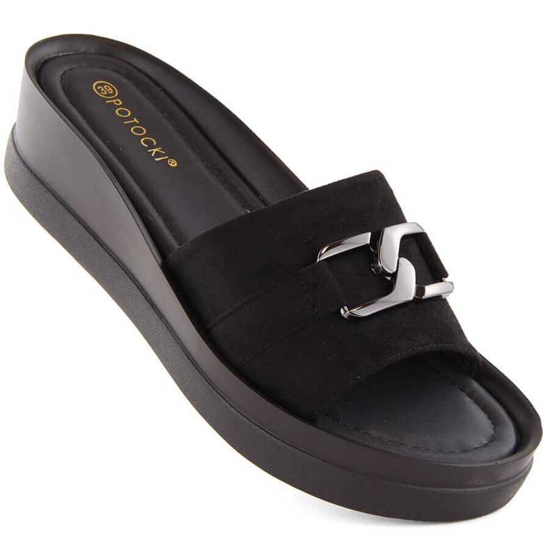 Zapatillas de casa con cuña para mujer en ante, negro Potocki 21326
