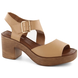 M. DASZYŃSKI Sandalias de mujer con tacón y plataforma kamel M.Daszyński MR23117-1 beige