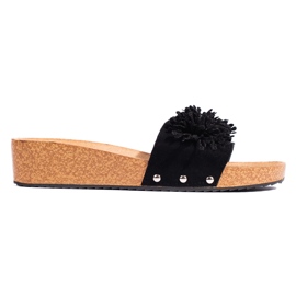 Pantuflas de mujer de ante con flores, negro