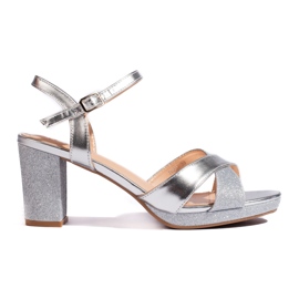 Sandalias tacón mujer brillo plata