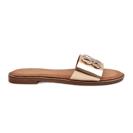 Chanclas De Mujer Con Adorno De Piel Ecológica En Tacón Plano, Sadria Dorada dorado