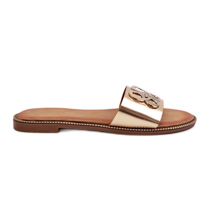 Chanclas De Mujer Con Adorno De Piel Ecológica En Tacón Plano, Sadria Dorada dorado