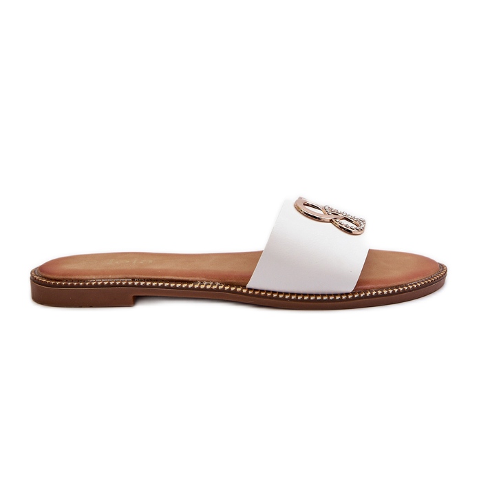 Chanclas de mujer con decoración de piel ecológica en tacones planos, Sadria blanca blanco