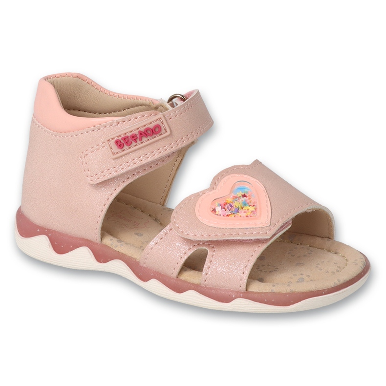 Sandalias infantiles befado con aplicación de piel 170P093, rosa con corazón rosado Sandalias infantiles befado con aplicación de piel 170P093, rosa con corazón rosado