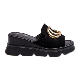 Vinceza Chanclas de Mujer Confeccionadas en Ante Ecológico con Cuña y Plataforma con Adorno Dorado, Iaria Negra negro