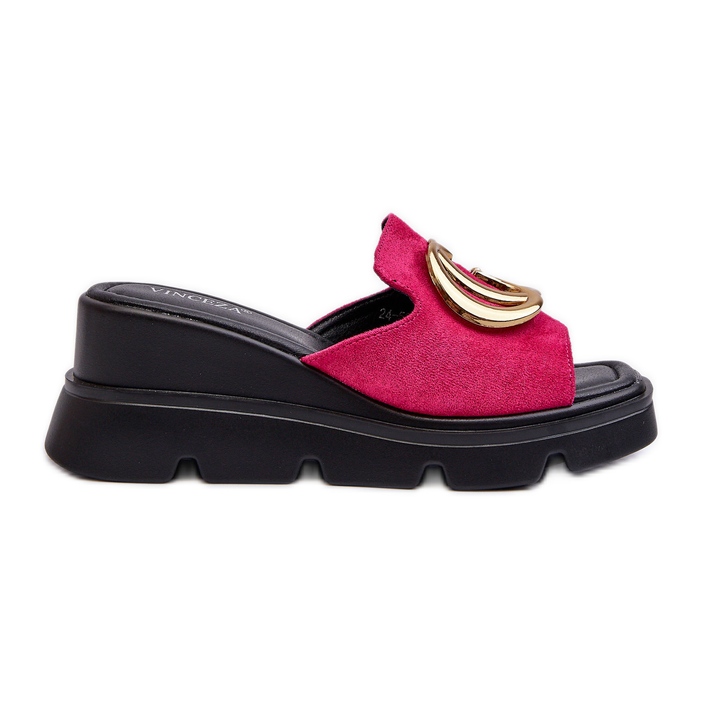 Vinceza Chanclas de Mujer Confeccionadas en Ante Ecológico con Cuña y Plataforma con Adorno Dorado Fucsia Iaria rosado