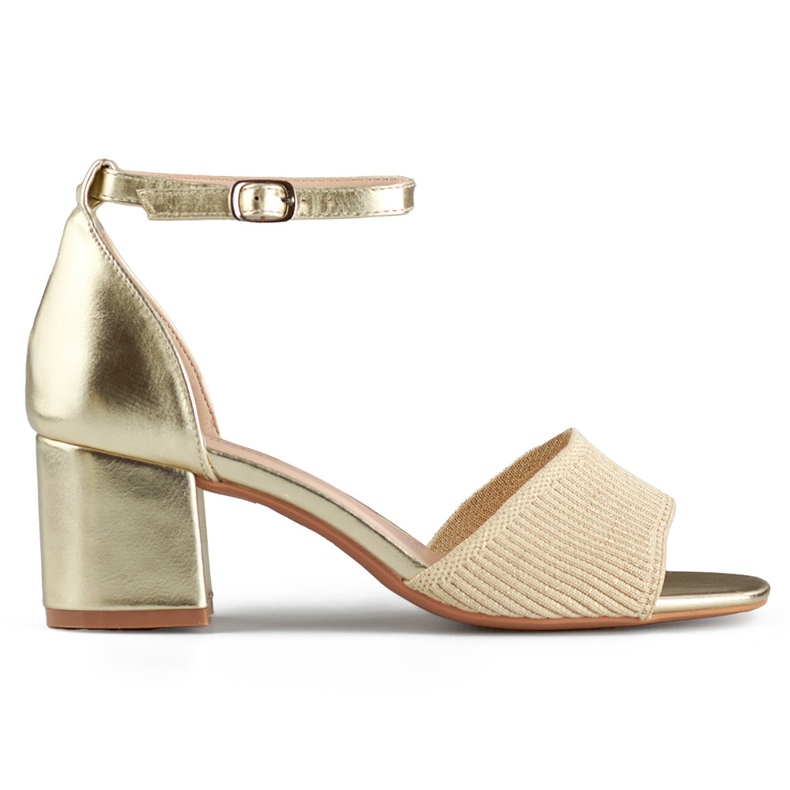 Sandalias de mujer doradas con tacón bajo y cierre al tobillo beige