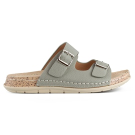 Cómodas chanclas de mujer grises con dos hebillas y plantilla de piel.