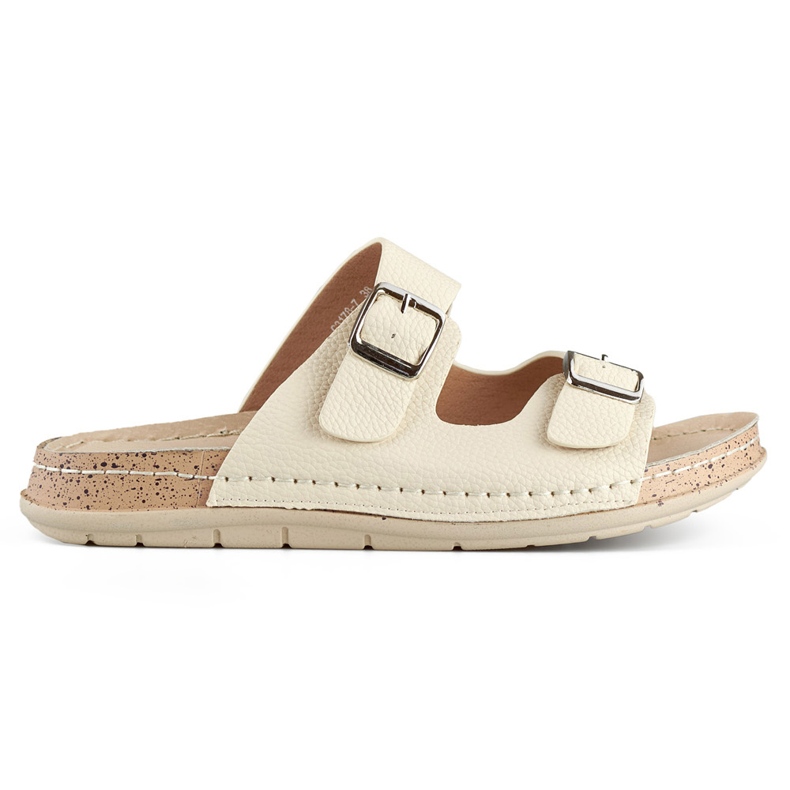 Cómodas chanclas de mujer color beige con dos hebillas y plantilla de piel