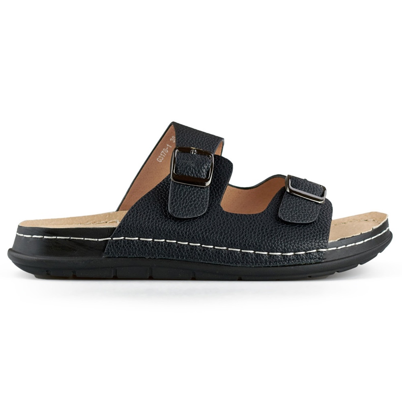 Cómodas chanclas de mujer negras con dos hebillas y plantilla de piel. negro