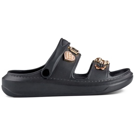 Sandalias chanclas de mujer ligeras de goma en color negro con elementos decorativos