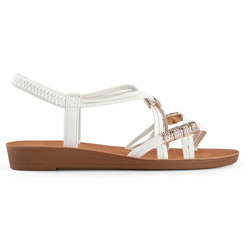 Sandalias de mujer con banda elástica con decoración dorada. blanco