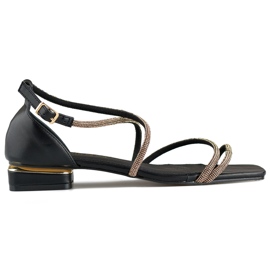 Sandalias de mujer elegantes de tacón bajo con circonitas. negro