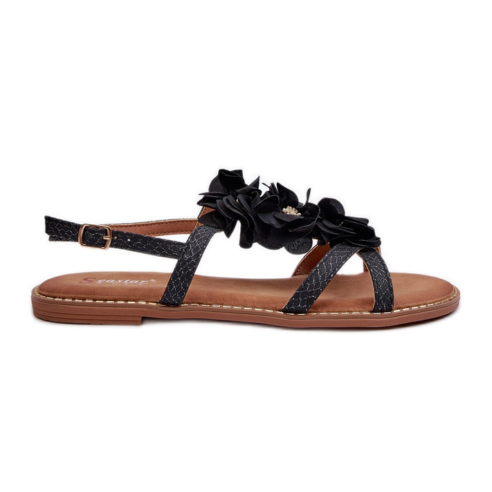 Sandalias Planas de Mujer Decoradas con Flores, Negro Abidina