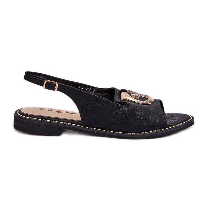 Sandalias de mujer elegantes con decoración dorada en tacones planos, negro S.Barski KV27-053