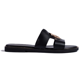 Chanclas planas negras con decoración dorada. negro