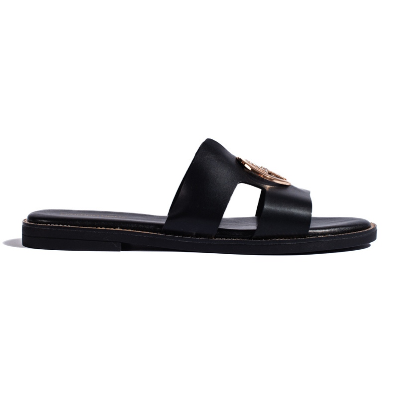 Chanclas planas negras con decoración dorada. negro