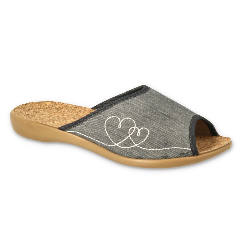 Pantuflas de mujer befado con inserción de corcho PU 254D146, corazones grises Pantuflas de mujer befado con inserción de corcho PU 254D146, corazones grises