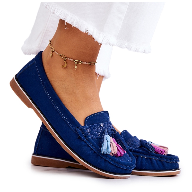 Evento Mocasines de mujer de ante con flecos, azul marino