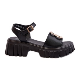 Sandalias Mujer Piel Con Adorno Dorado, Negro Vinceza 7910