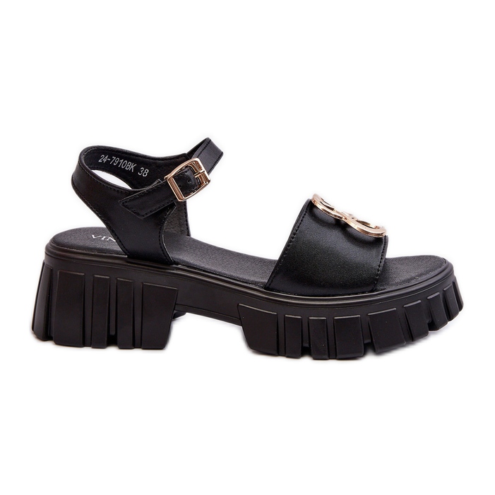 Sandalias Mujer Piel Con Adorno Dorado, Negro Vinceza 7910