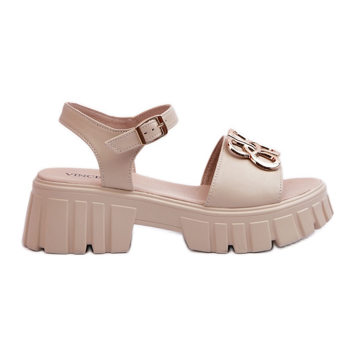 Sandalias Mujer Piel Beige Con Adorno Dorado Vinceza 7910