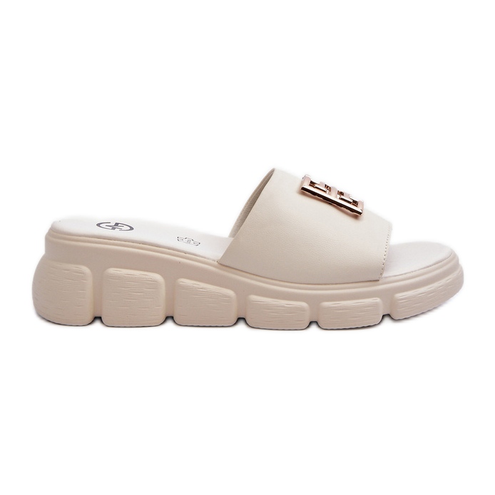 Chanclas Mujer De Piel Con Adorno Dorado Sobre Cuña Vinceza 41444 Beige