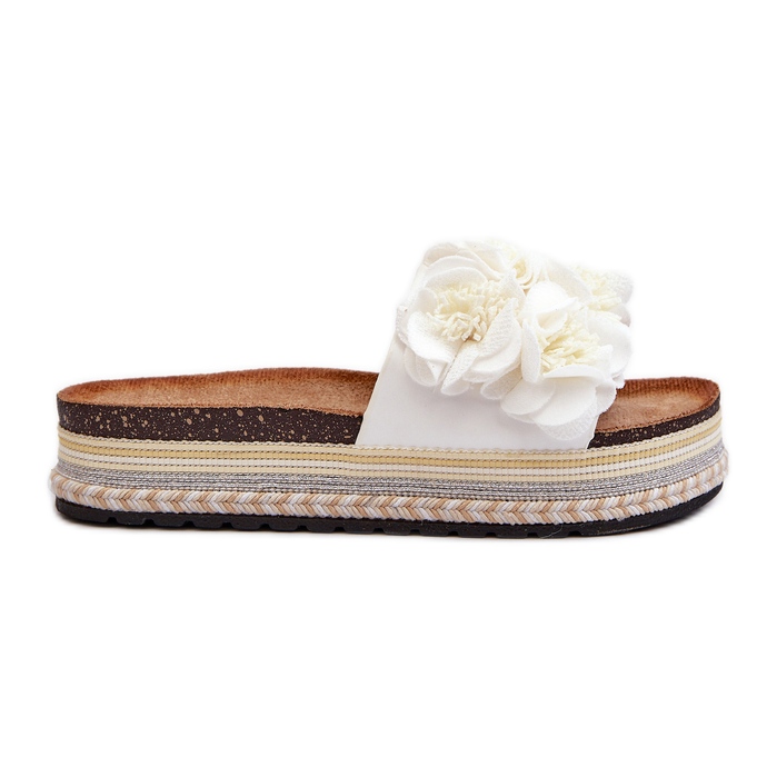 Chanclas de Mujer con Plataforma Decorada con Flores, Blanco Nodina