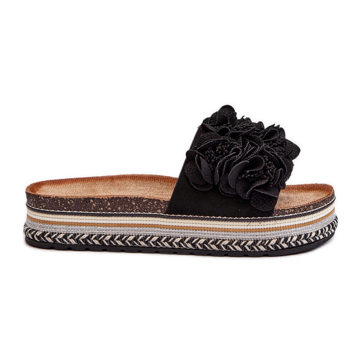 Chanclas de Mujer con Plataforma Decorada con Flores, Negro Nodina