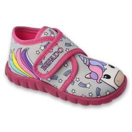 Pantuflas infantiles befado con velcro, rosa 465P168, unicornio gris