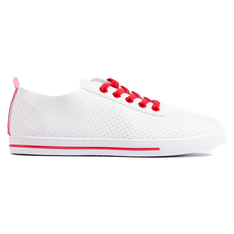 Zapatillas blancas de mujer con cordones rojos. blanco