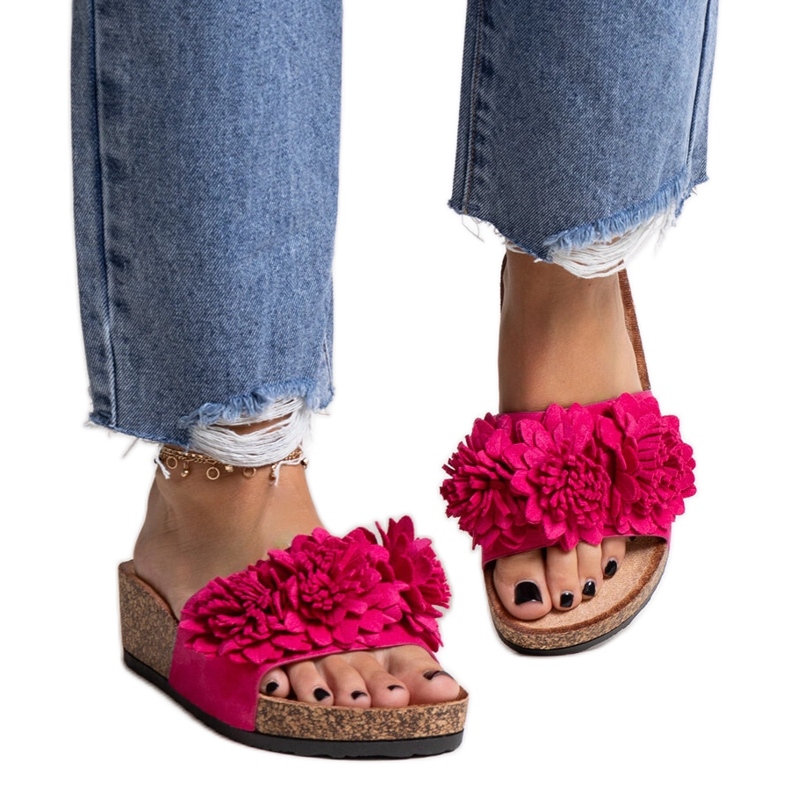 Chanclas rosas con flores en la plataforma Apolonia rosado