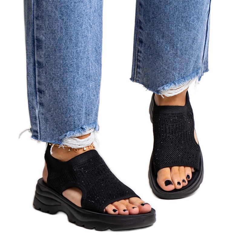 Sandalias de plataforma de tejido negro con pedrería Delmare Sandalias de plataforma de tejido negro con pedrería Delmare