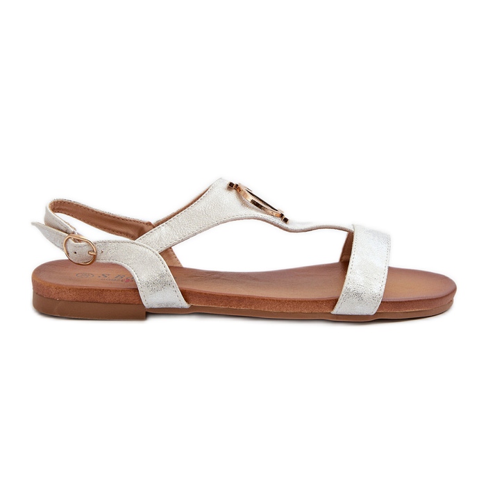 Sandalias Planas De Mujer Con Adorno Dorado S.Barski KV27-051 Blanco y Plata