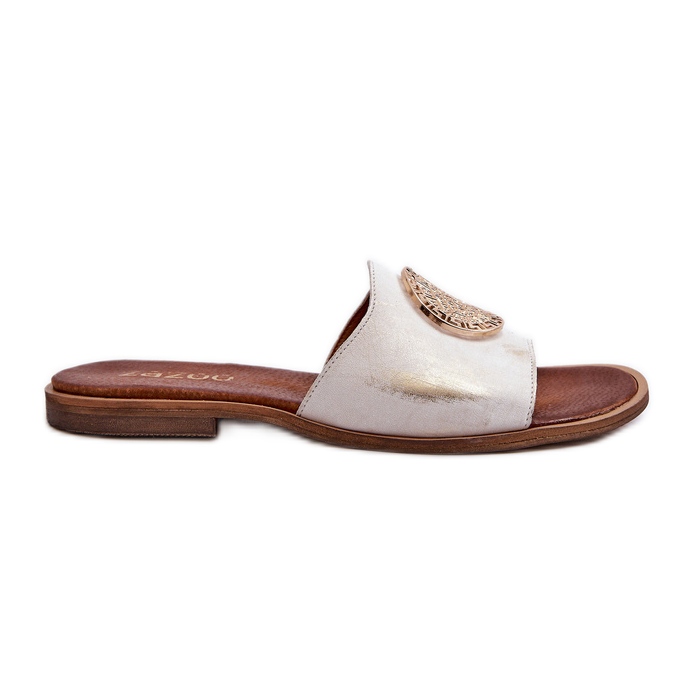 Zazoo 2938 Chanclas de Piel con Tacón Plano y Adorno Dorado, Cepillado