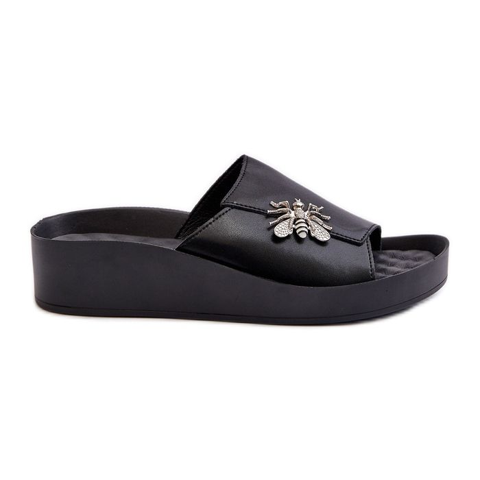 Chanclas Mujer Elegantes Con Adorno, Piel Natural S.Barski KV27-015 Negro