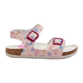 Sandalias infantiles con flores y hebillas rosa Memoria rosado