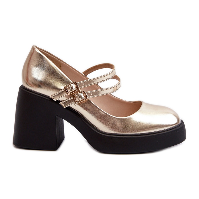Zapatos de tacón de piel ecológica con tacones gruesos, Halmina dorada dorado