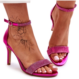 Sandalias Mujer Tacón Alto Con Pedrería, Fucsia rosado