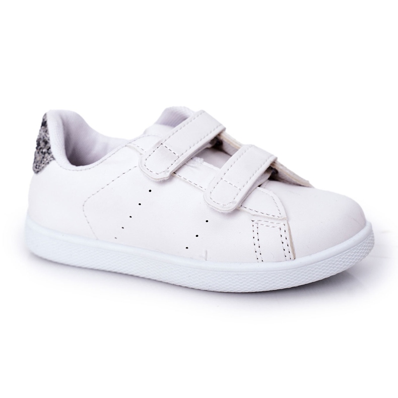 Zapatillas deportivas infantiles con velcro, blancas y plateadas. blanco