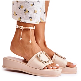 S.Barski Chanclas de cuero de moda para mujer con decoración dorada, beige
