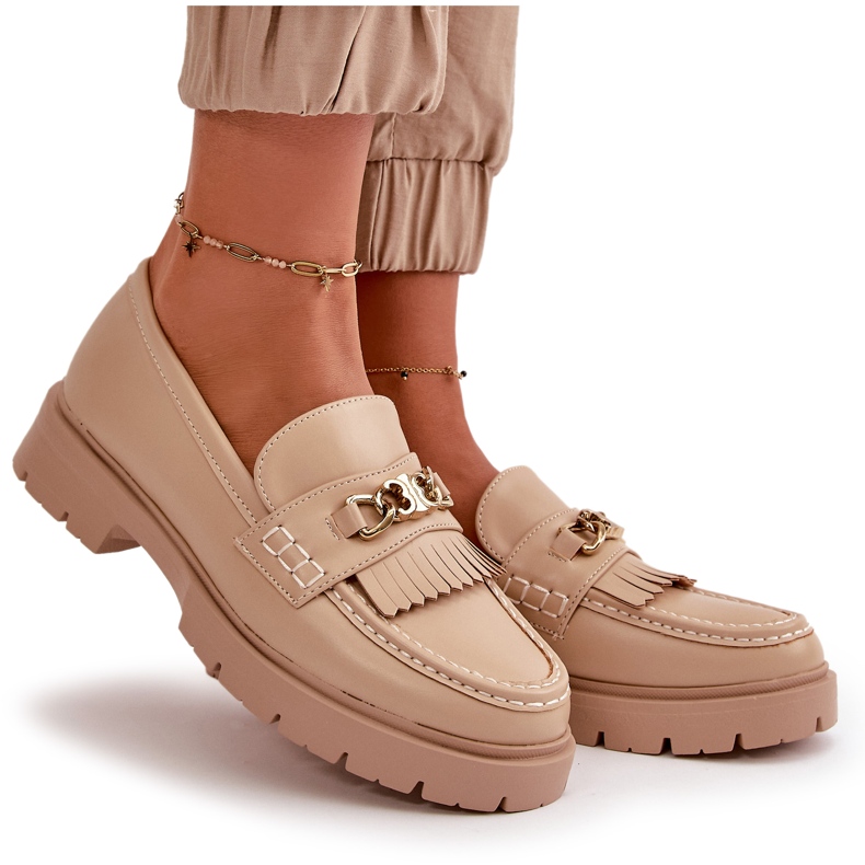 PH2 Mocasines Mujer Piel Ecológica Adorno Dorado, Beige Zanita