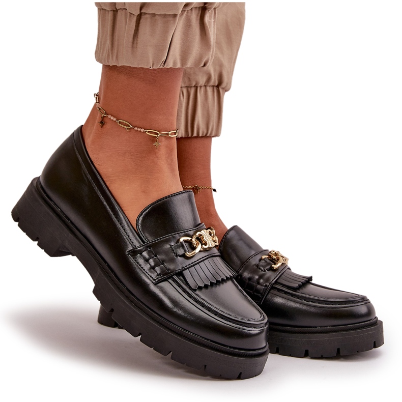 PH2 Mocasines Mujer Piel Ecológica Adorno Dorado, Negro Zanita