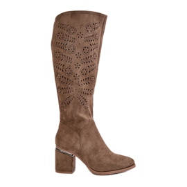 Botas Mujer Tacón Calado Confeccionadas en Ante Ecológico Vinceza 16443 Beige Oscuro