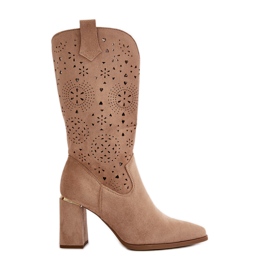 Botas De Mujer Caladas Con Tacón Alto Y Puntera En Punta, Ante Ecológico Beige Oscuro Nevithra