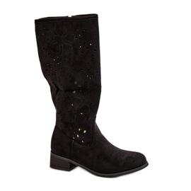 Botas De Mujer Caladas Con Tacón Bajo Ante Ecológico Con Cremallera Orquídeas Negras negro
