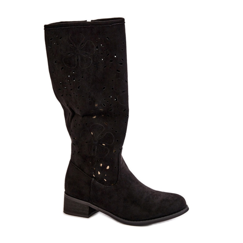 Botas De Mujer Caladas Con Tacón Bajo Ante Ecológico Con Cremallera Orquídeas Negras negro