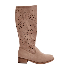 Botas De Mujer Caladas Con Tacón Bajo Ante Ecológico Con Cremallera Beige Orquídeas