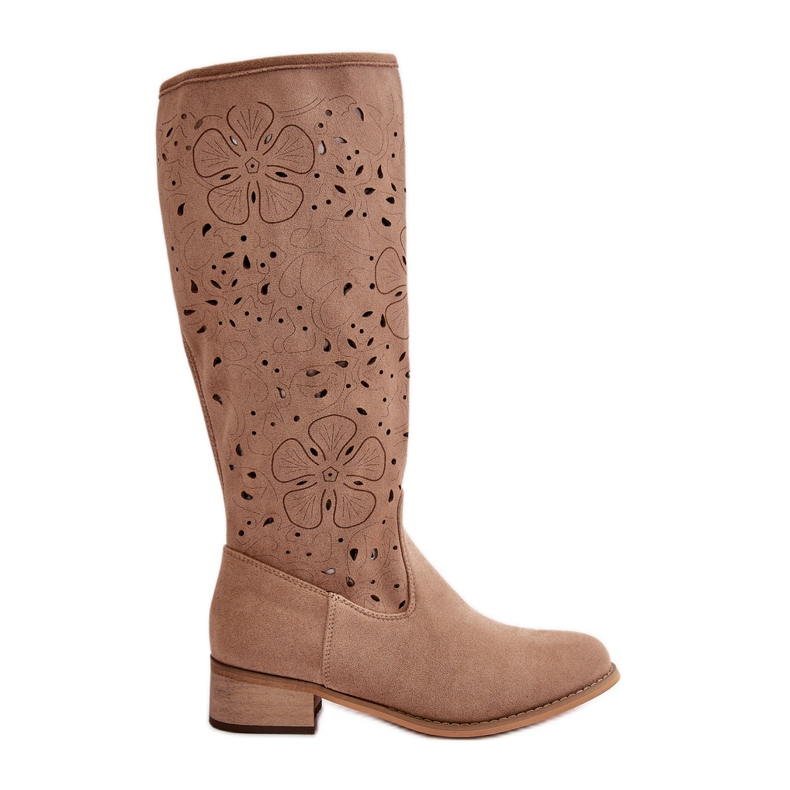 Botas De Mujer Caladas Con Tacón Bajo Ante Ecológico Con Cremallera Orquídeas Beige Oscuro