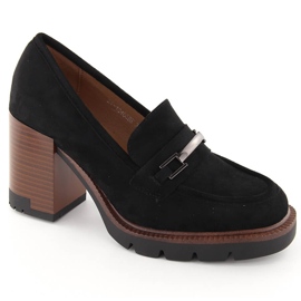 Zapatos de ante, mocasines de mujer con tacón alto, negro Potocki 12465